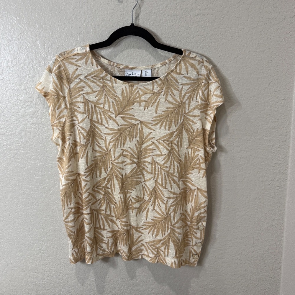 Nicole Miller New York Linen Palm Leaf Print Top Tan Cream Casual Summer Large